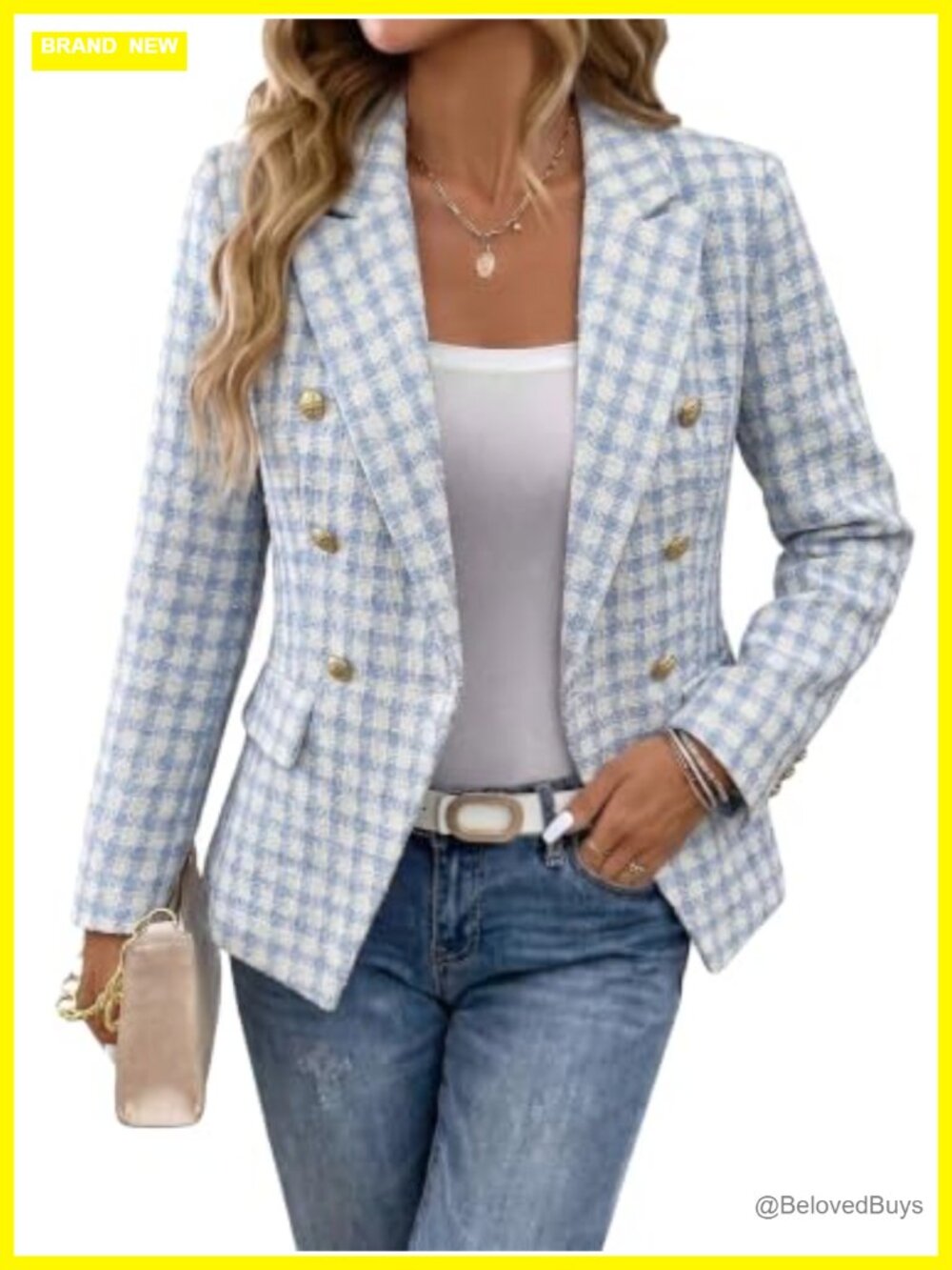 Tweed Double-Breasted Plaid Blazer Slim Fit Notch Collar Business Casual